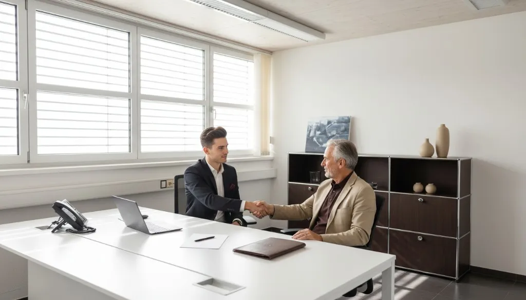 Zwei Partner beim Handschlag im hellen Büro – Vertrauen und Zusammenarbeit mit API – Accounting. People. Insights. Horn
